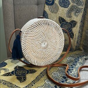 Elegant White Woven Round Bag with Tan Strap